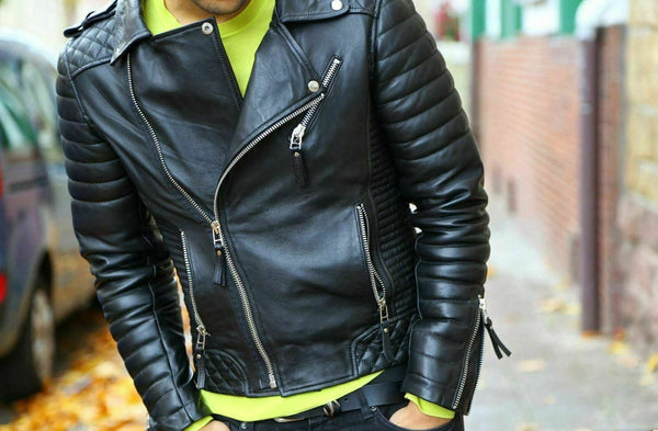 NOORA New Me Stylish Lambskin Genuine Leather Motorcycle Biker Racing Jacket QD7