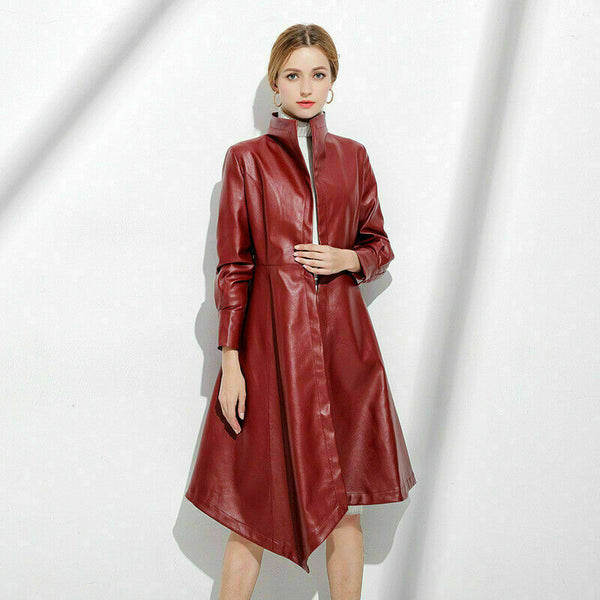 Noora Leather Jacket Trench Coat Stand Collar Slim Fit Red Trench Long Coat Windbreak