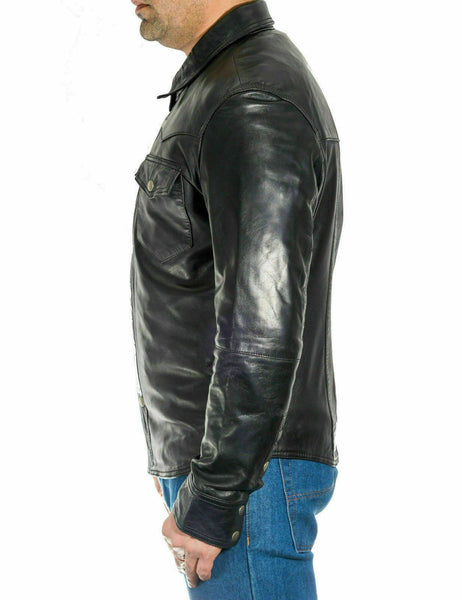 NOORA Men Gents Black Adjustable Collar Casual Shirt Soft Leather Shirt Jacket S