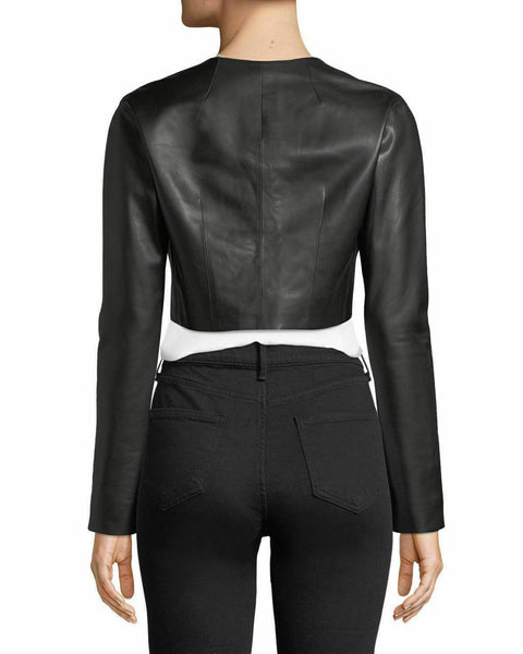 Noora New Womens Genuine Leather Jacket Shrug Cropped Jacket Black Modern QD214
