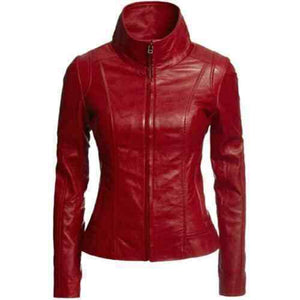 NOORA New Women Lambskin Leather Motorcycle Biker Blood Red Jacket Stylesh QD235