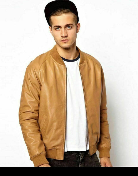 NOORA Mens Lambskin Mango Tan Leather Biker Jacket , Motorcycle Bomber Jacket With Zipper & Pocket | ST0135