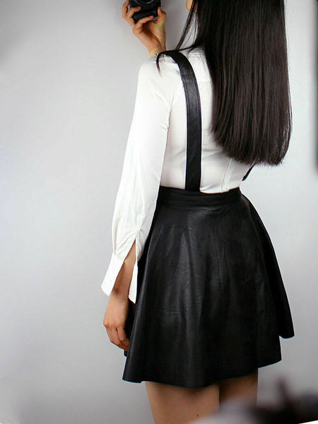 NOORA WOMEN Skirt 100% LAMBSKIN Leather Black Dress Overall Strap Suspenders SP5