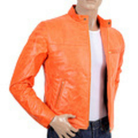 NOORA Fight Club Mens Hot ORANGE Hollywood Film Style Leather Reefer Jacket QD47