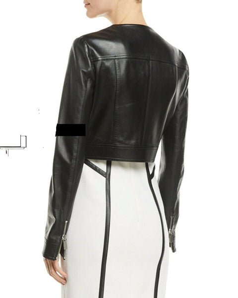 Noora New Womens Calcina Black Leather Motorcycle Cropped Shrug Jacket QD561