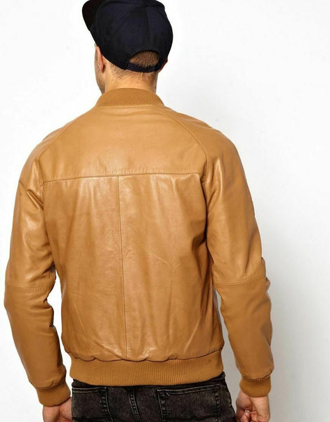 Noora Mens Tan Brown Bomber Biker Leather Jacket With Branded YKK Zipper | Western Style Cafe Racer Bomber Jacket