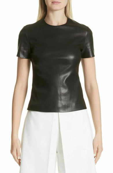 NOORA Women 100%Real Lambskin Stretch able Leather Cropped T-Shirt Slimfit WA561