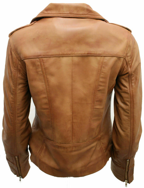 Noora Womens Ladies Real Soft Tan Brown Leather Racing Style Biker Jacket NEW L25