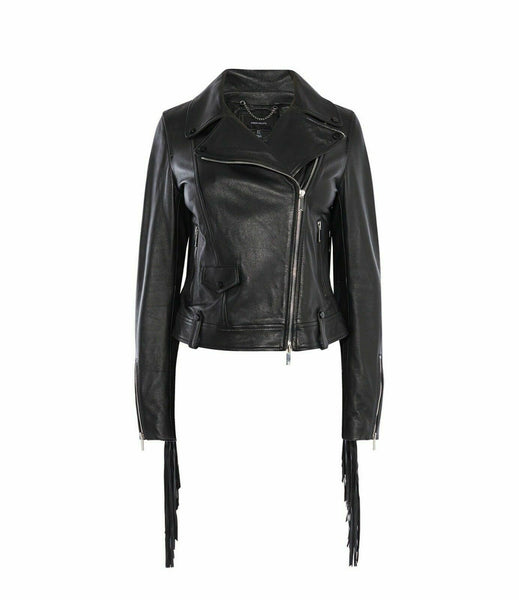 NOORA New Women Leather Lambskin Crop Jacket Black Fringe Biker Motorcycle QD29