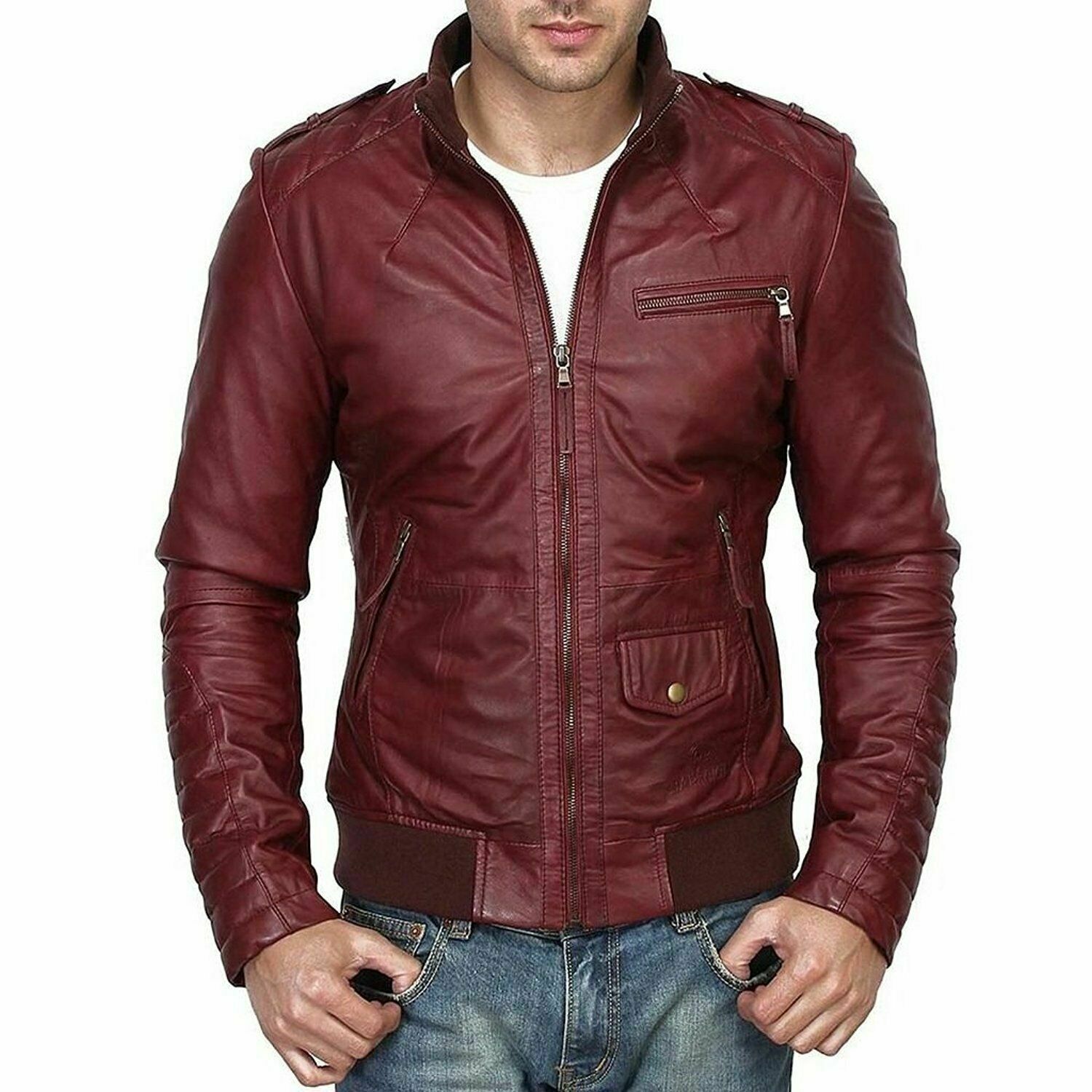 NOORA NEW Men Lambskin Leather Maroon Jacket Modern Bikers Styles Jacket QD80