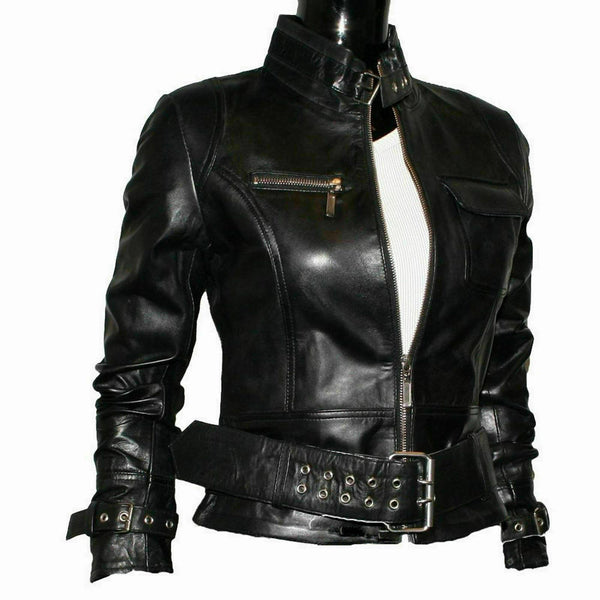 NOORA New Women Real Genuine Black Leather Jacket Lambskin Biker Styles Modern QD83
