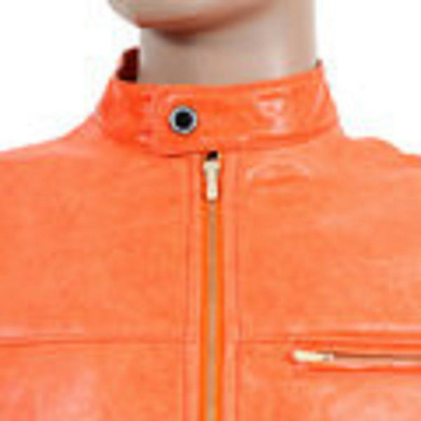 NOORA Fight Club Mens Hot ORANGE Hollywood Film Style Leather Reefer Jacket QD47