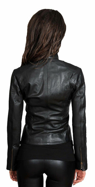 NOORA Ladies real Leather Black Slim Fit Short Retro Leather Jacket BS-123