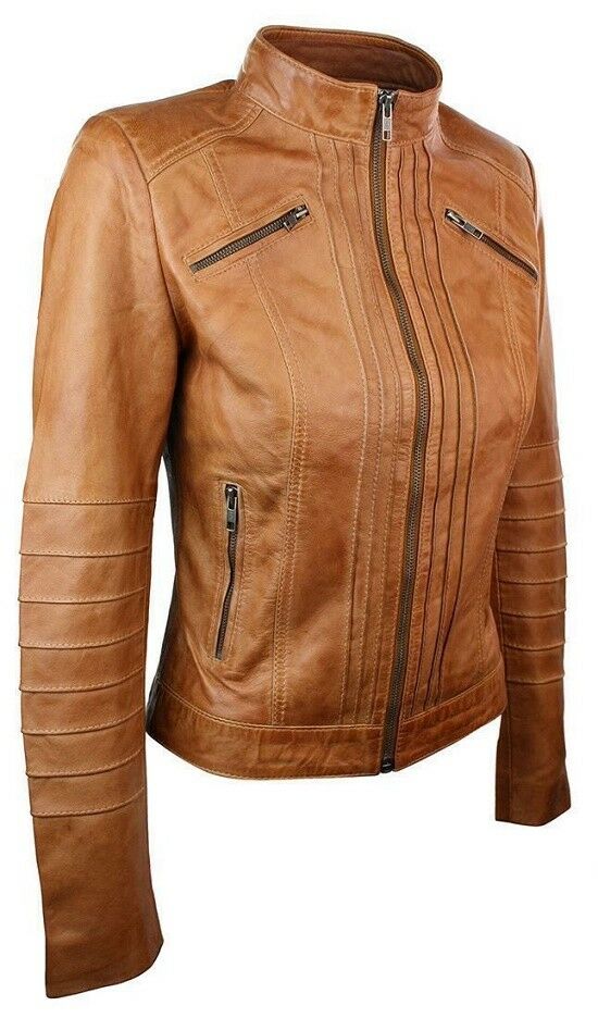 NOORA New Women Ladies Biker Brown Genuine Real Leather Jacket BS-107