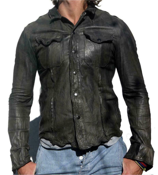 Noora Mens Gents Black Adjustable Collar Casual Shirt Soft Leather Shirt Jacket