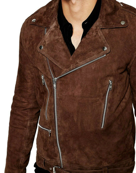 NOORA Mens Lambskin Brown Suede Biker Jacket With Zipper & Pocket| Belted Jacket| Zip On Sleeves| Shoulder Strap| ST19