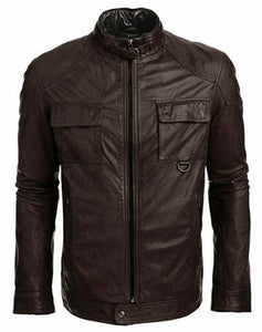 NOORA Mens Brown Leather Quilted Safari Double Collar Zipped Long Jacket QD45