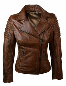 NOORA Ladies Women Genuine Real Leather Slim Fit Brown Biker Jacket