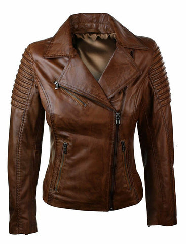 NOORA Ladies Women Genuine Real Leather Slim Fit Brown Biker Jacket