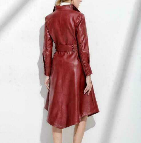 Noora Red Lambskin Leather Trench Coat  Slim Fit Red Trench Long Coat With Stand Collar, Christmas Gift