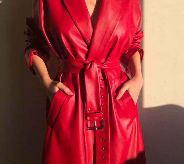 NOORA Red leather trench coat,70s leather coat, long leather coat,red Jacket