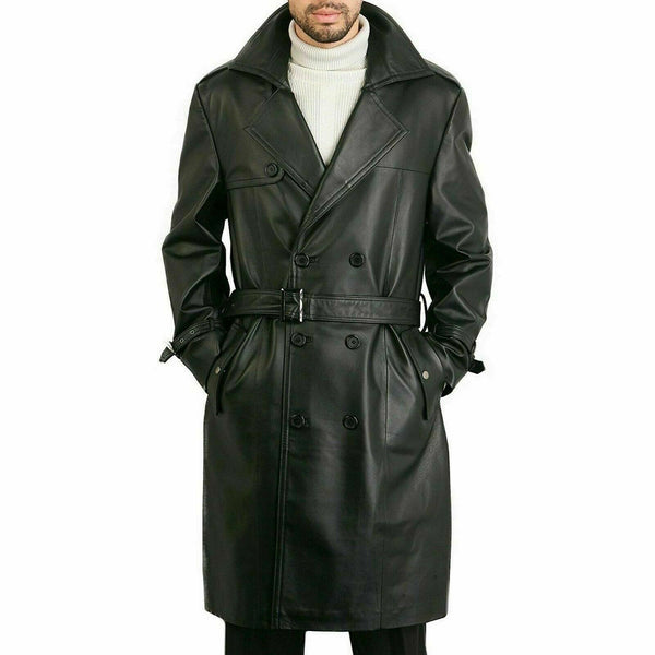 Noora Men's BLACK Lambskin Leather Trench Coat Genuine Lambskin Leather Jacket Long Trench