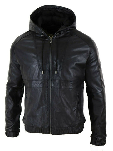 Noora Mens Black & Brown Hooded Leather Jacket With Branded YKK Zipper | Black Biker HOODED Leather Jacket |