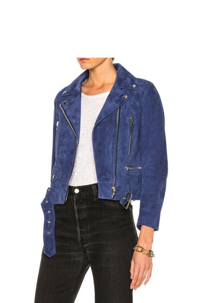 Noora Women's Real Blue Suede Biker Soft Lambskin Leather Jacket for Halloween RS240