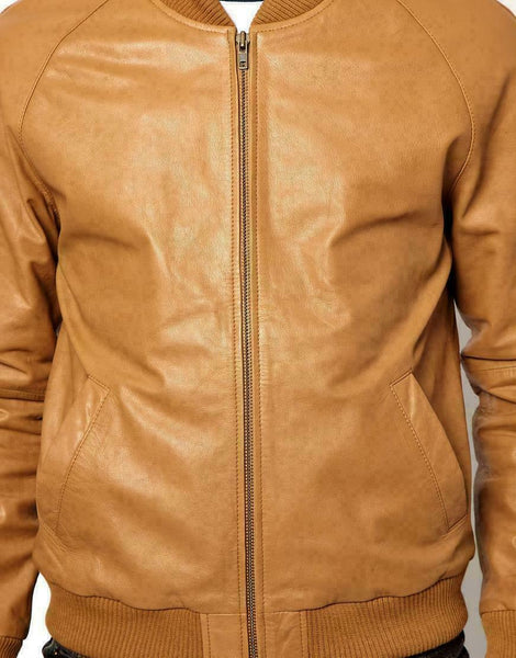 NOORA Mens Lambskin Mango Tan Leather Biker Jacket , Motorcycle Bomber Jacket With Zipper & Pocket | ST0135