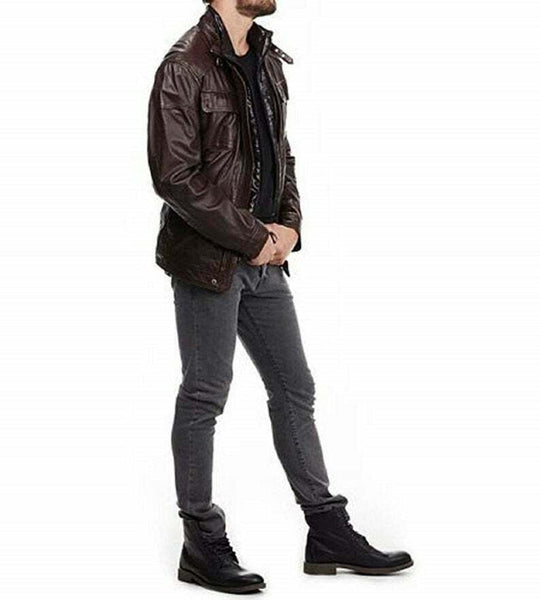 NOORA Mens Brown Leather Quilted Safari Double Collar Zipped Long Jacket QD45