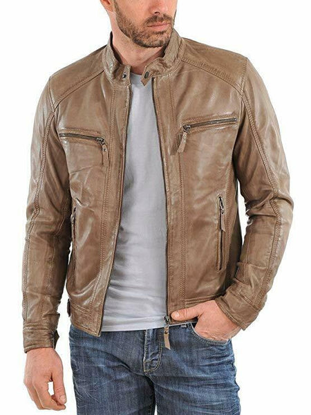 NOORA MEN'S BIKER Lambskin CAFE RACER  REAL  LEATHER SLIM FIT JACKET