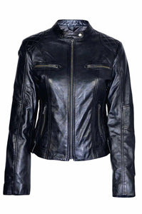 Noora Womens Ladies Real Lambskin Black Leather Racing Style Biker Jacket NEW L24