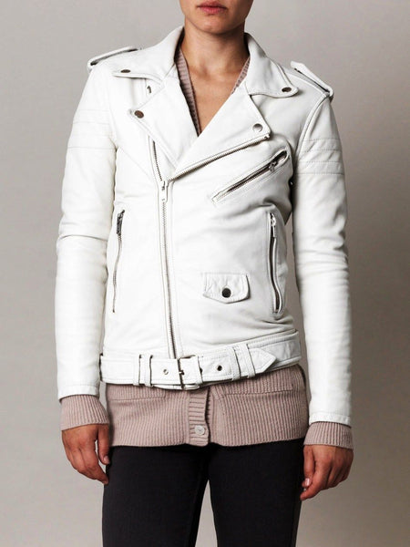 Noora Women's White Biker Motorcycle Leather jacket with Belt ST0322