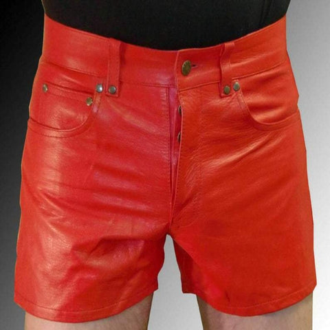 NOORA Men 100% Real Lambskin Leather men Short , RED Leather Short Jeans , Young Mens Ripsto Short , leather cord summer pant, Trouser SJ365