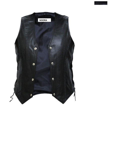 Noora New Women Motorcycle Biker Soft Leather WAISTCOAT, Black Colour Sleeveless VEST With Button P