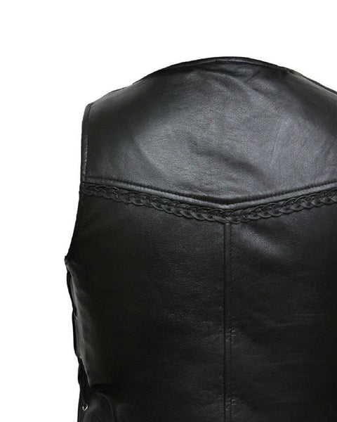 Noora New Women Motorcycle Biker Soft Leather WAISTCOAT, Black Colour Sleeveless VEST With Button P