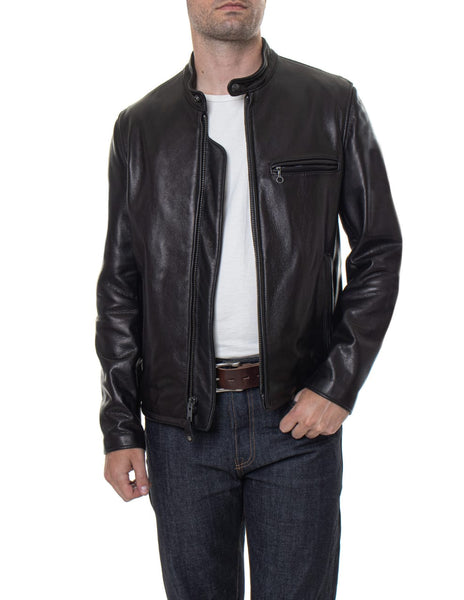 NOORA Men's Real Lambskin Black Leather Jacket With Zipper & Pocket | Band Collar Jacket |  Cafe Racer Jacket | ST0350