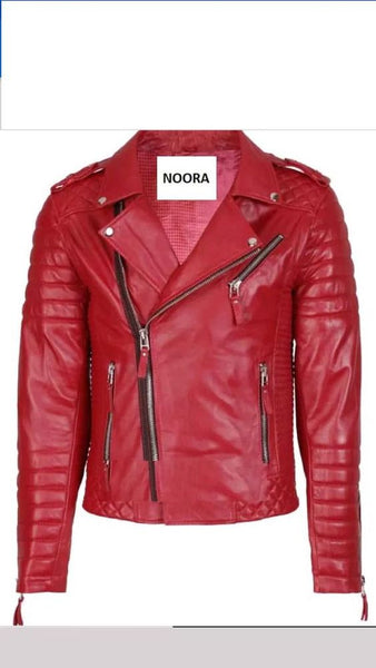 NOORA Classic Look Red Leather Jacket for Men Bomber Motorbike Style HANDMADE Brando Jacket Distress