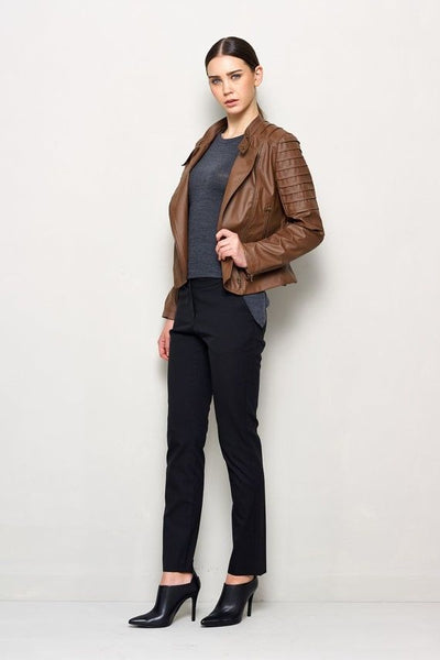 women's brown fitted leather jacket - Noora International
