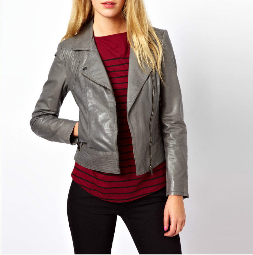 Noora Women's Grey leather Biker Style Leather jacket ST0316