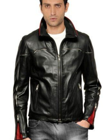 Men's fitted black leather jacket with red detailing,leather jacket from men,leather jackets online men,customized leather jackets men online,men leather jackets
