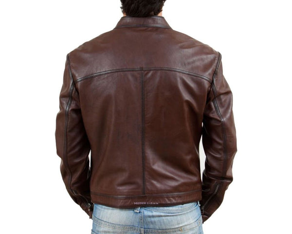 men’s simple brown biker jacket - Noora International