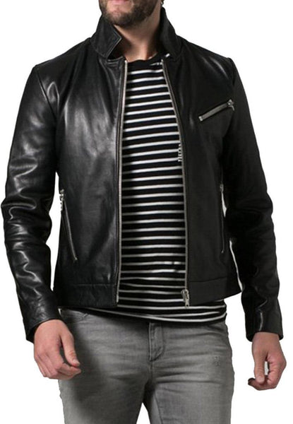 men’s fitted black leather jacket with zipper pockets
