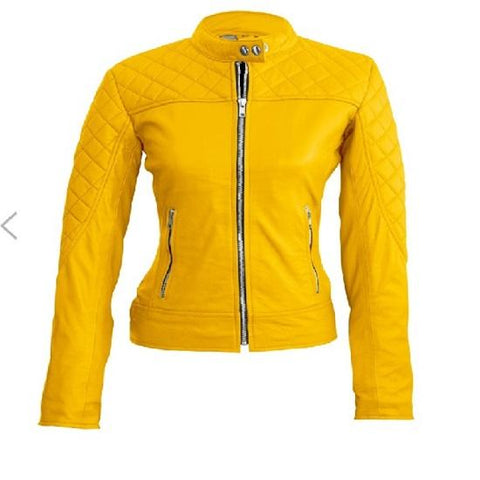 Noora Womens lambskin yellow leather jacket, Quilted designer motor biker leather jacket, best gift for winter SN09