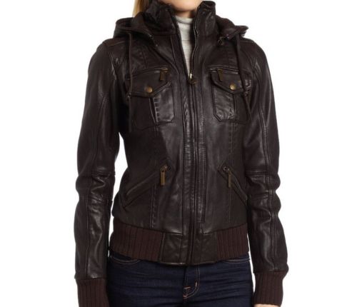 women's brown-hooded leather jacket - Noora International