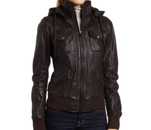women's brown-hooded leather jacket - Noora International