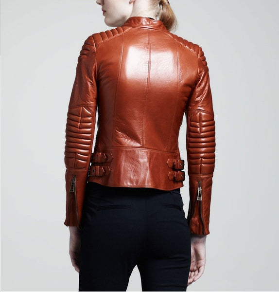 Noora Women's Detailed Burnt Orange Quilted Biker leather jacket ST0307