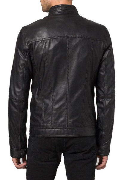 Noora Men's Black Lambskin Leather Jacket Handmade Real Leather Stand Collar Black Biker Jacket For Men