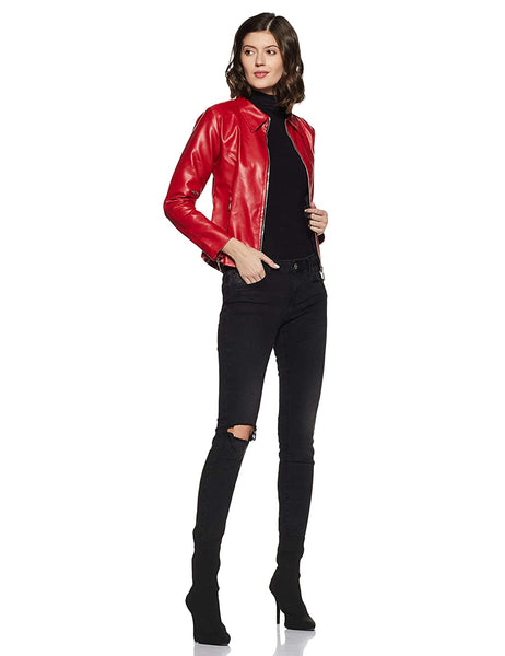 NOORA Womens Lambskin Shinny Red Leather Jacket, Motorcycle Biker With Zipper & Zip Pocket Jacket JS16