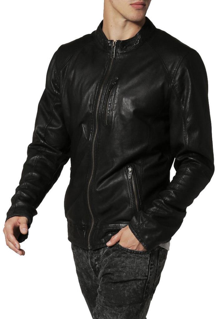 men’s fitted black leather jacket with zipper detailing